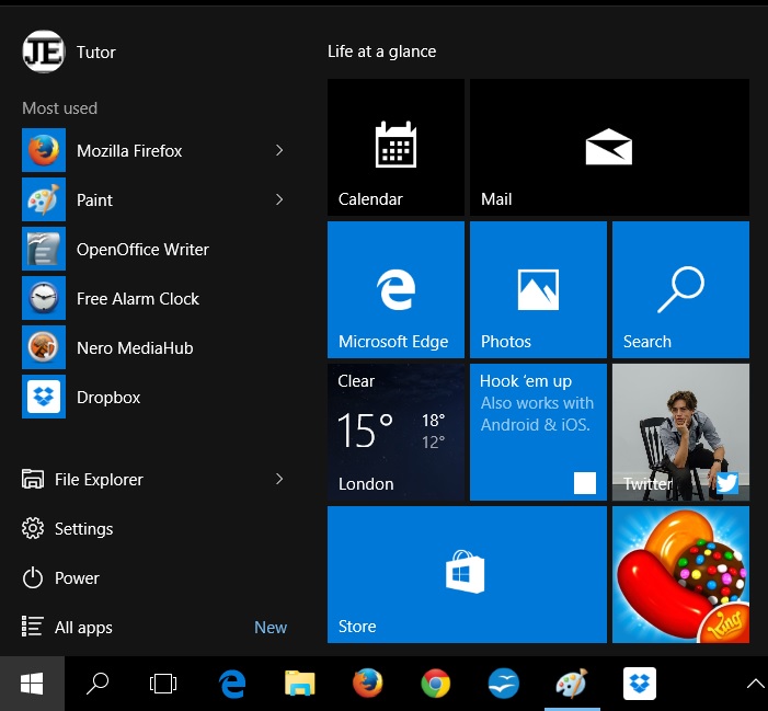 the start menu in Windows 10